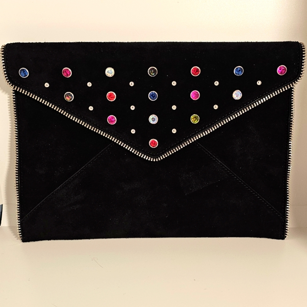 Rebecca Minkoff Black Suade Envelope Clutch with Colorful Studs EUC